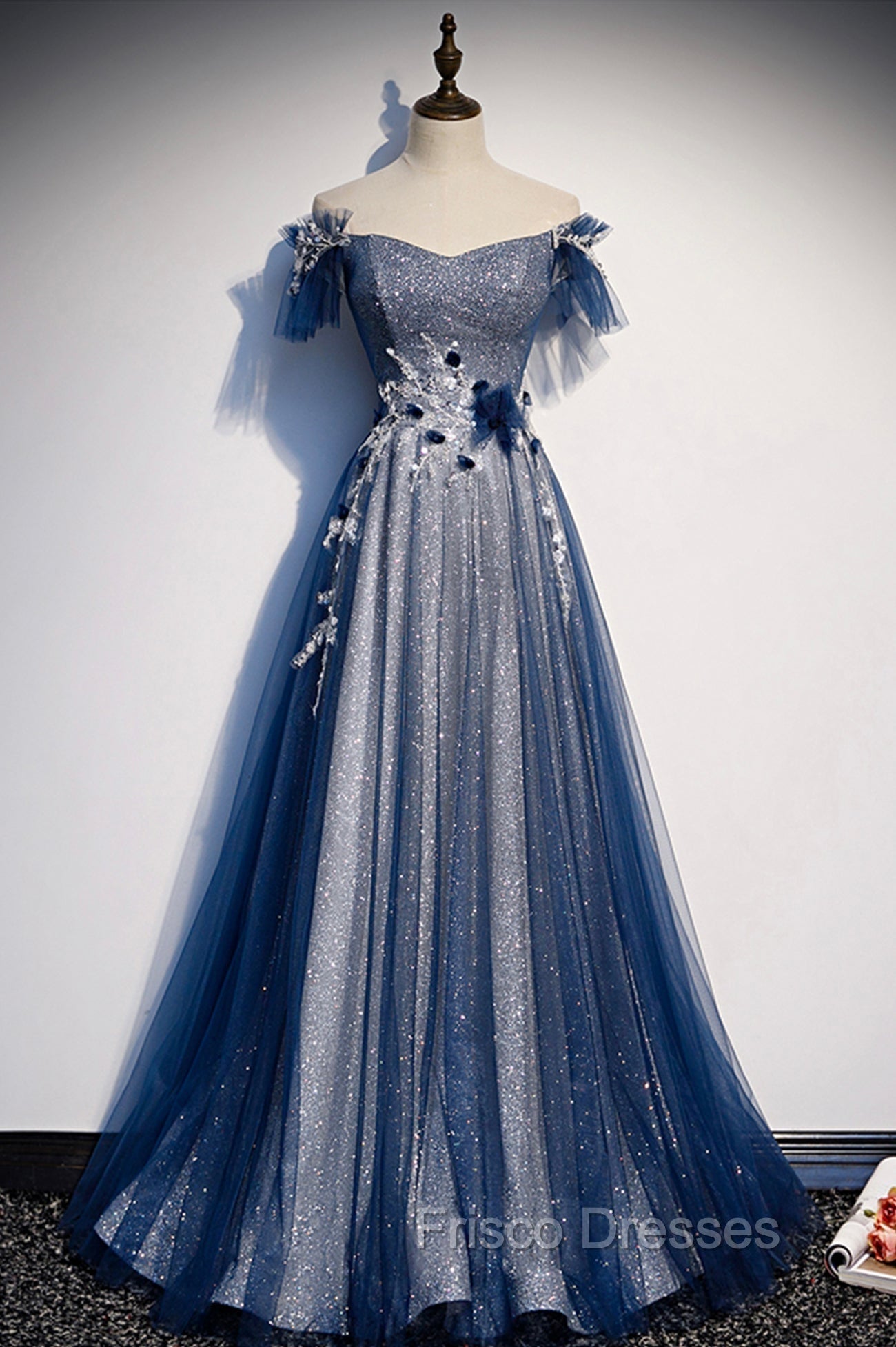 Blue Tulle Long A-Line Formal Prom Dress, Off the Shoulder Evening Party Dress