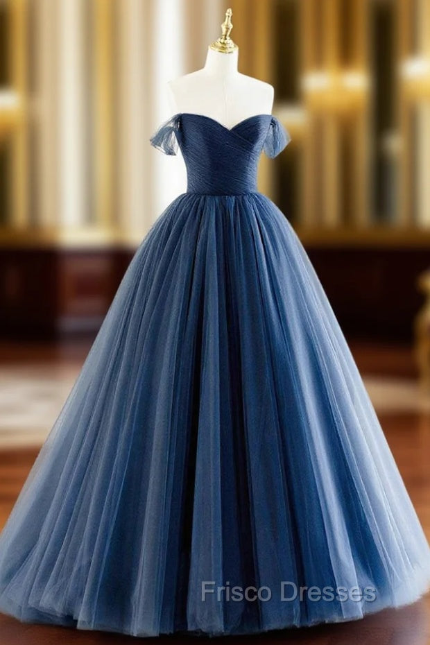 Blue Tulle Long A-Line Formal Prom Dress, Off the Shoulder Formal Evening Dress