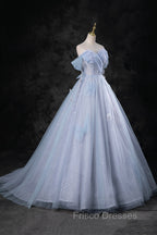 Blue Tulle Long A-Line Formal Prom Dress Party Dress, Beautiful Off the Shoulder Blue Evening Dress