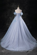 Blue Tulle Long A-Line Formal Prom Dress Party Dress, Beautiful Off the Shoulder Blue Evening Dress