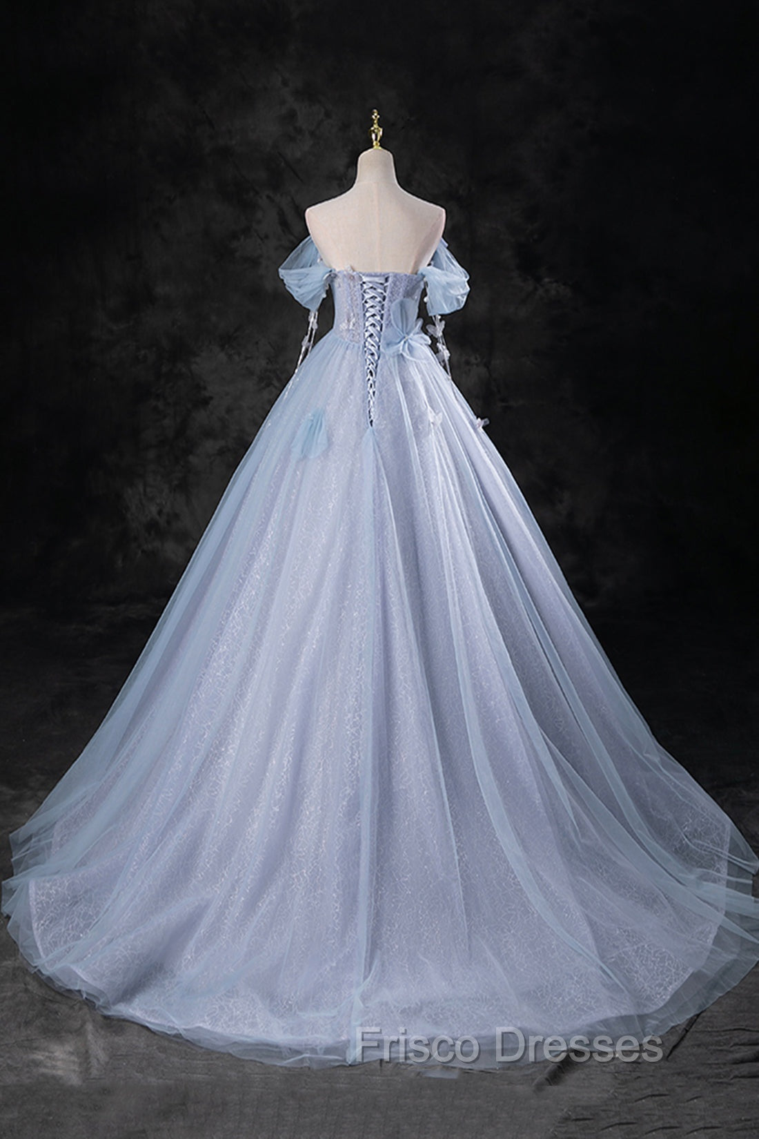 Blue Tulle Long A-Line Formal Prom Dress Party Dress, Beautiful Off the Shoulder Blue Evening Dress