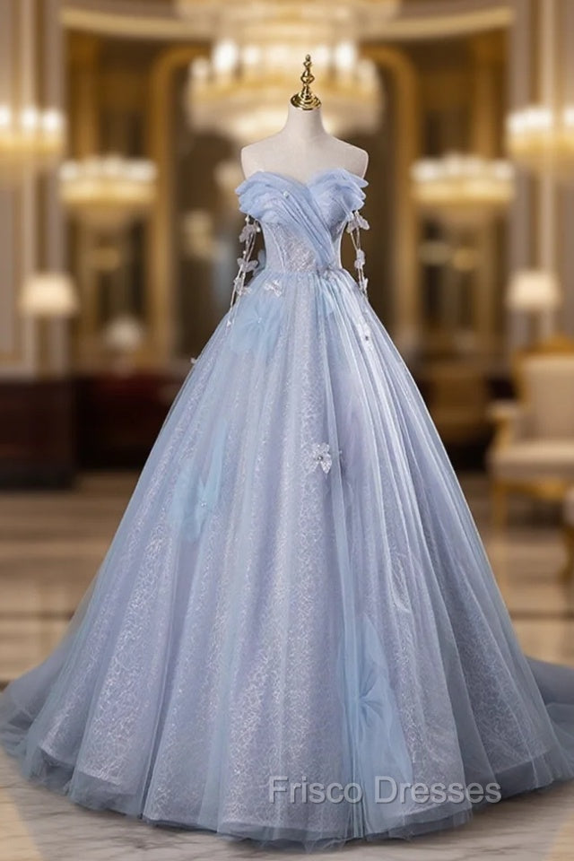 Blue Tulle Long A-Line Formal Prom Dress Party Dress, Beautiful Off the Shoulder Blue Evening Dress Main image