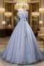 Blue Tulle Long A-Line Formal Prom Dress Party Dress, Beautiful Off the Shoulder Blue Evening Dress