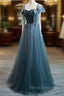Blue Tulle Long A-Line Formal Prom Dress, Simple Sweetheart Neckline Evening Party Dress