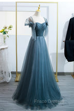 Blue Tulle Long A-Line Formal Prom Dress, Simple Sweetheart Neckline Evening Party Dress