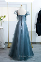 Blue Tulle Long A-Line Formal Prom Dress, Simple Sweetheart Neckline Evening Party Dress