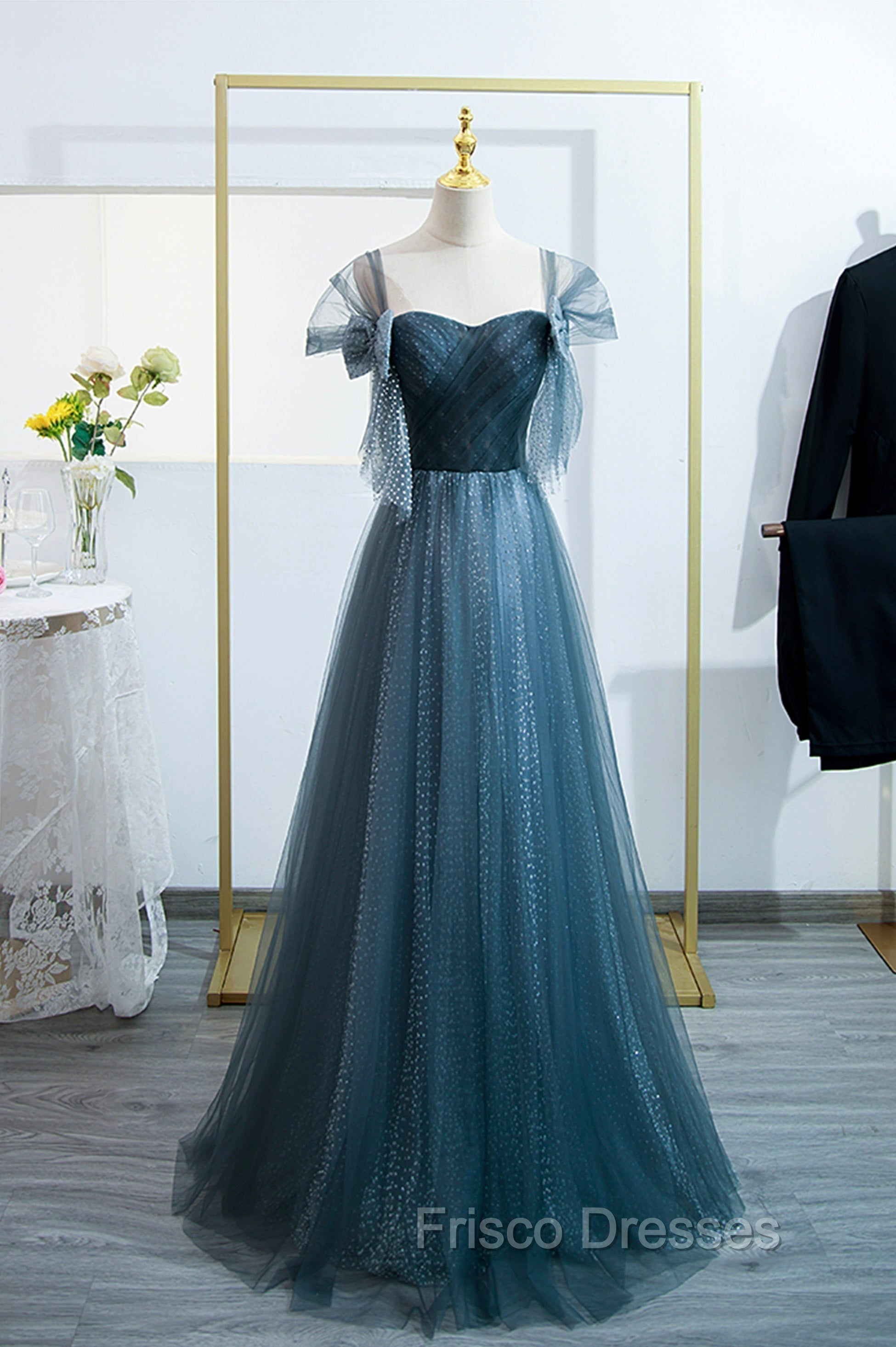 Blue Tulle Long A-Line Formal Prom Dress, Simple Sweetheart Neckline Evening Party Dress Main image
