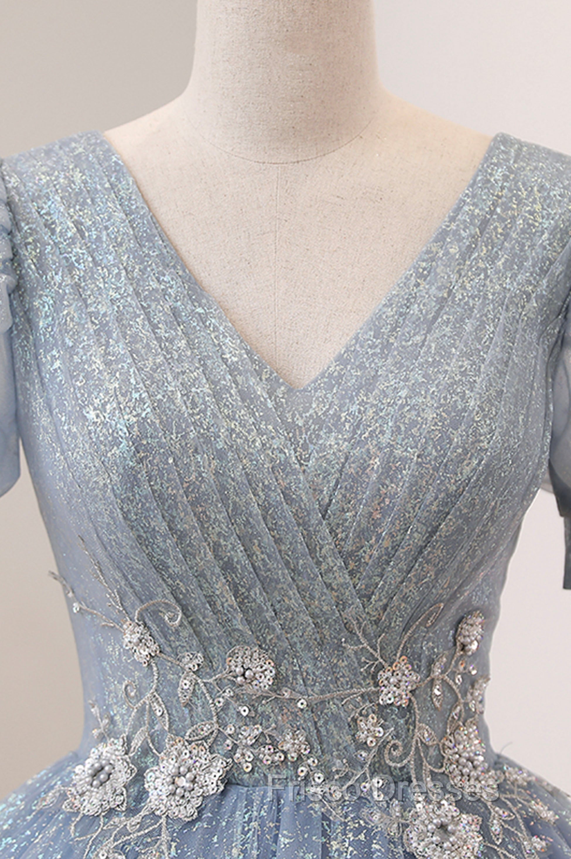 Blue Tulle Long A-Line Formal Prom Dress, V-Neck Short Sleeve Evening Dress Secondary image