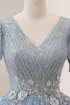 Blue Tulle Long A-Line Formal Prom Dress, V-Neck Short Sleeve Evening Dress