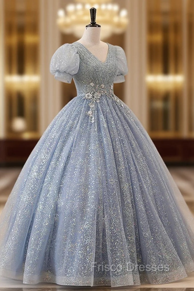 Blue Tulle Long A-Line Formal Prom Dress, V-Neck Short Sleeve Evening Dress Main image