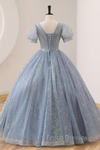Blue Tulle Long A-Line Formal Prom Dress, V-Neck Short Sleeve Evening Dress