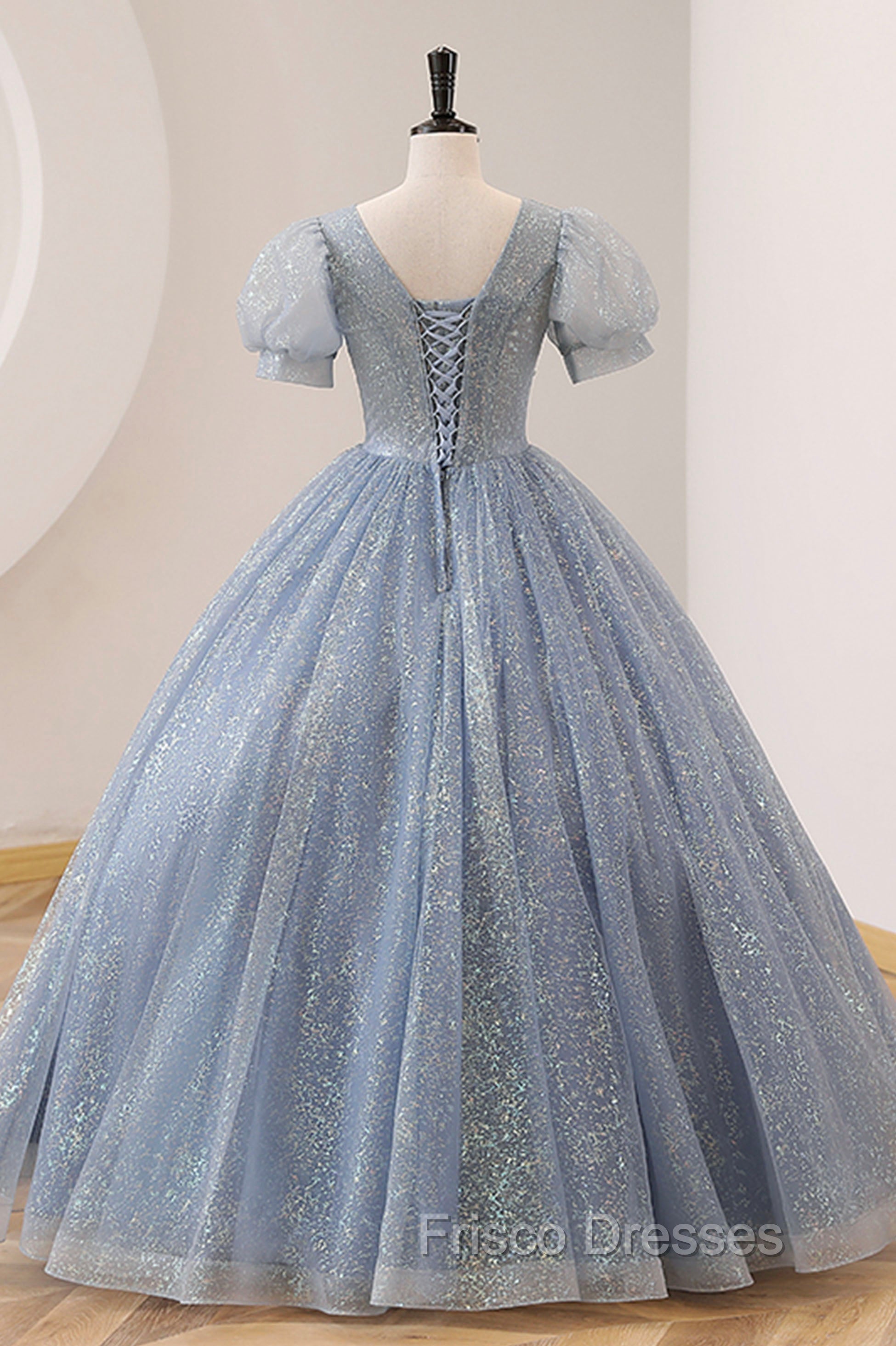 Blue Tulle Long A-Line Formal Prom Dress, V-Neck Short Sleeve Evening Dress