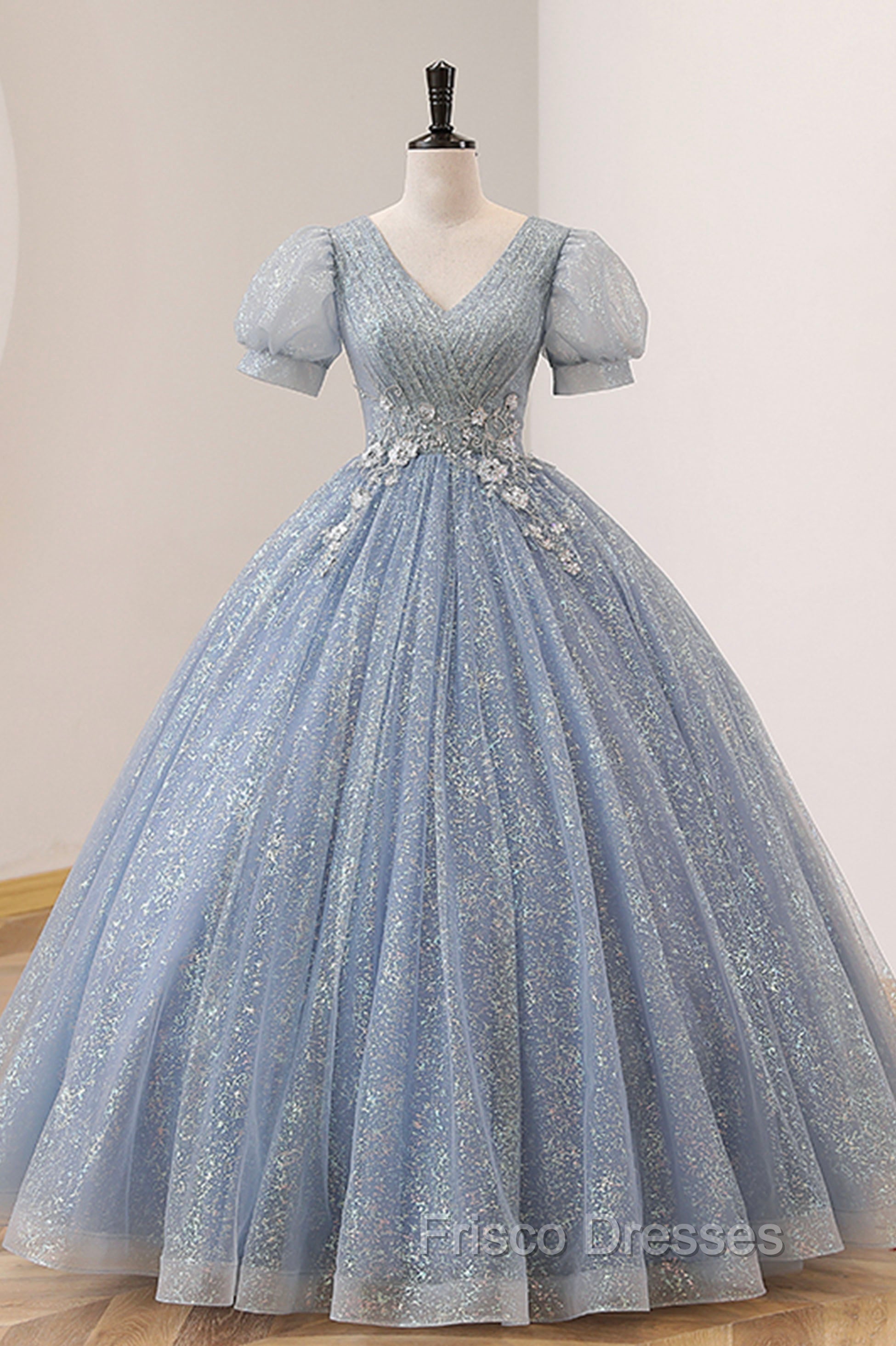 Blue Tulle Long A-Line Formal Prom Dress, V-Neck Short Sleeve Evening Dress