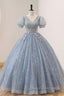 Blue Tulle Long A-Line Formal Prom Dress, V-Neck Short Sleeve Evening Dress