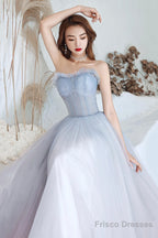 Blue Tulle Long A-Line Prom Dress With Beaded, Blue Strapless Evening Dress