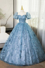 Blue Tulle Long A-Line Prom Dress With Butterfly Lace, Beautiful Short Sleeve Evening Dress