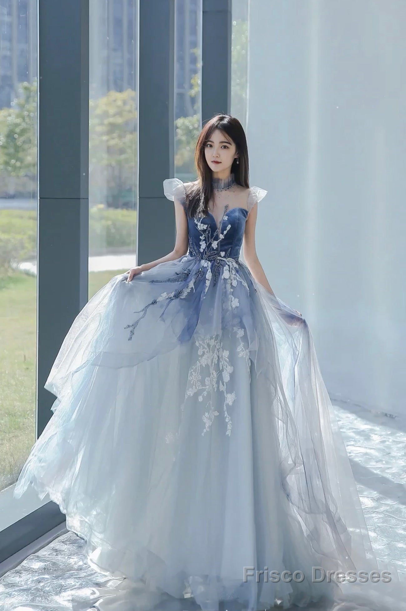 Blue Tulle Long A-Line Prom Dress With Lace, Lovely Evening Party Dress Main image