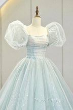 Blue Tulle Long A-Line Formal Prom Dress with Sequins, Lovely Puff Sleeve Evening Gown