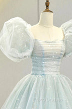Blue Tulle Long A-Line Formal Prom Dress with Sequins, Lovely Puff Sleeve Evening Gown