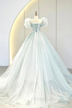 Blue Tulle Long A-Line Formal Prom Dress with Sequins, Lovely Puff Sleeve Evening Gown