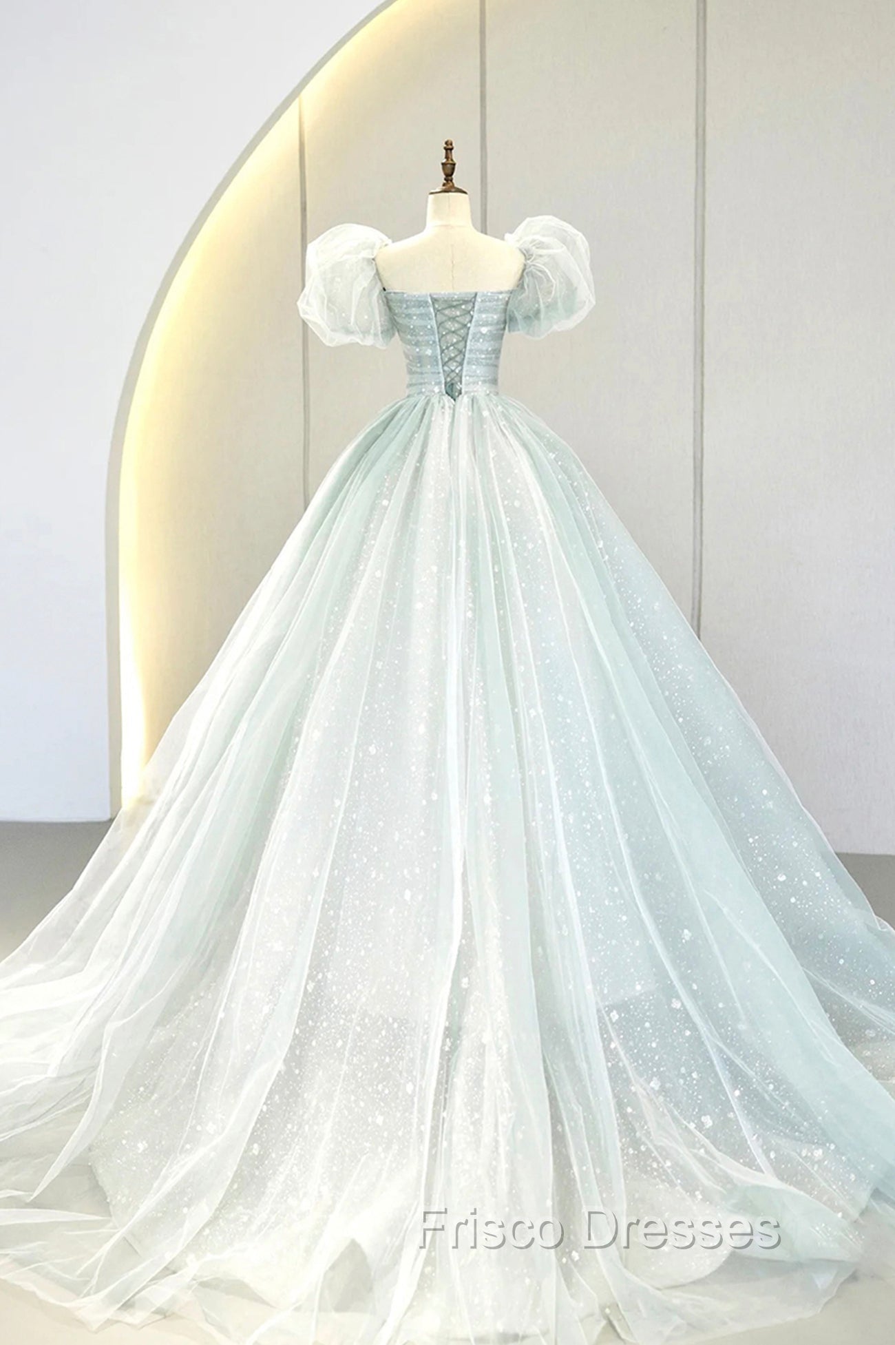 Blue Tulle Long A-Line Formal Prom Dress with Sequins, Lovely Puff Sleeve Evening Gown