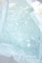 Blue Tulle Long A-Line Formal Prom Dress with Sequins, Lovely Puff Sleeve Evening Gown