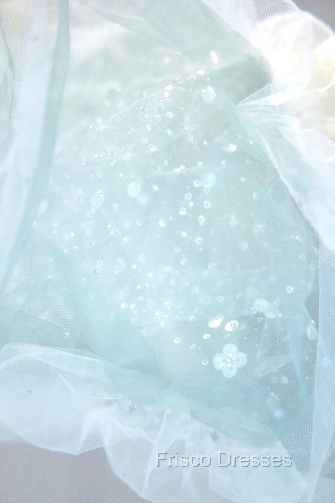 Blue Tulle Long A-Line Formal Prom Dress with Sequins, Lovely Puff Sleeve Evening Gown