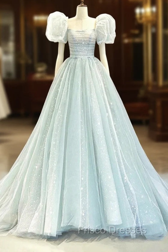 Blue Tulle Long A-Line Formal Prom Dress with Sequins, Lovely Puff Sleeve Evening Gown Main image