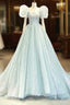 Blue Tulle Long A-Line Formal Prom Dress with Sequins, Lovely Puff Sleeve Evening Gown