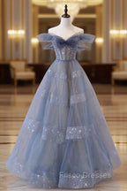 Blue Tulle Long A-Line Formal Prom Dress