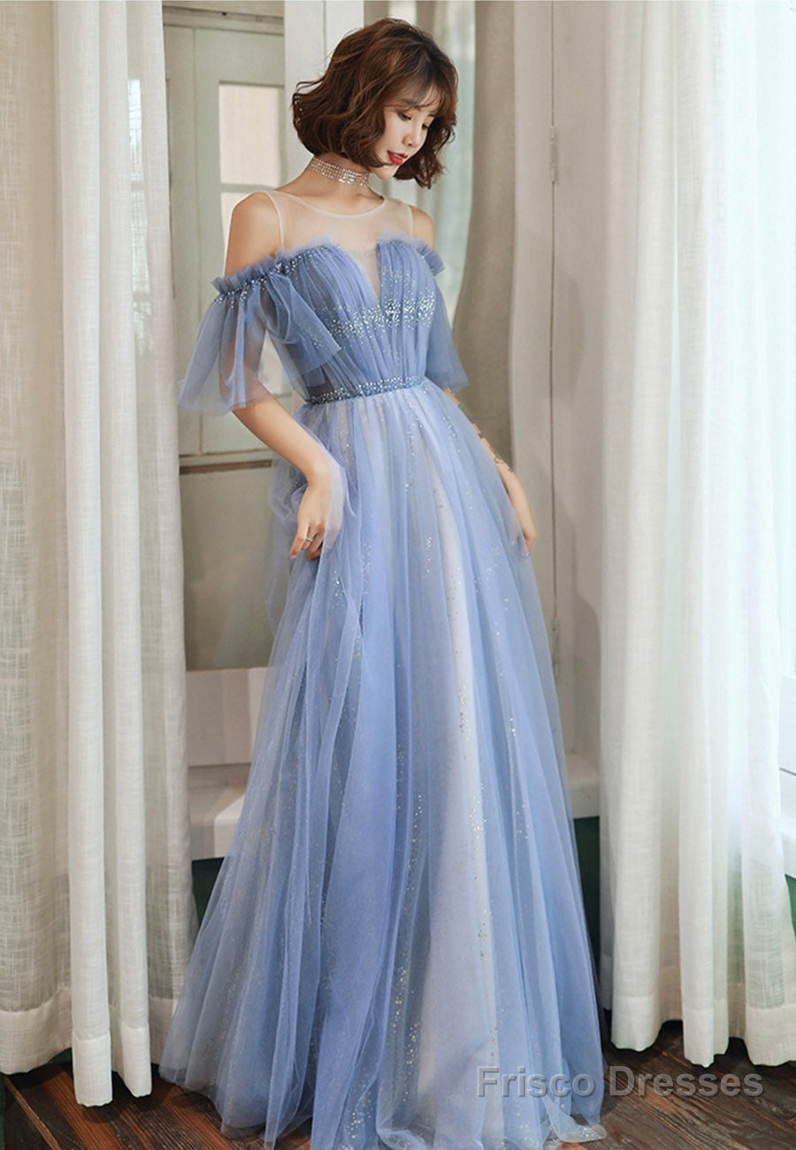 Blue Tulle Long A-Line Prom Dresses, Blue Evening Dresses Main image