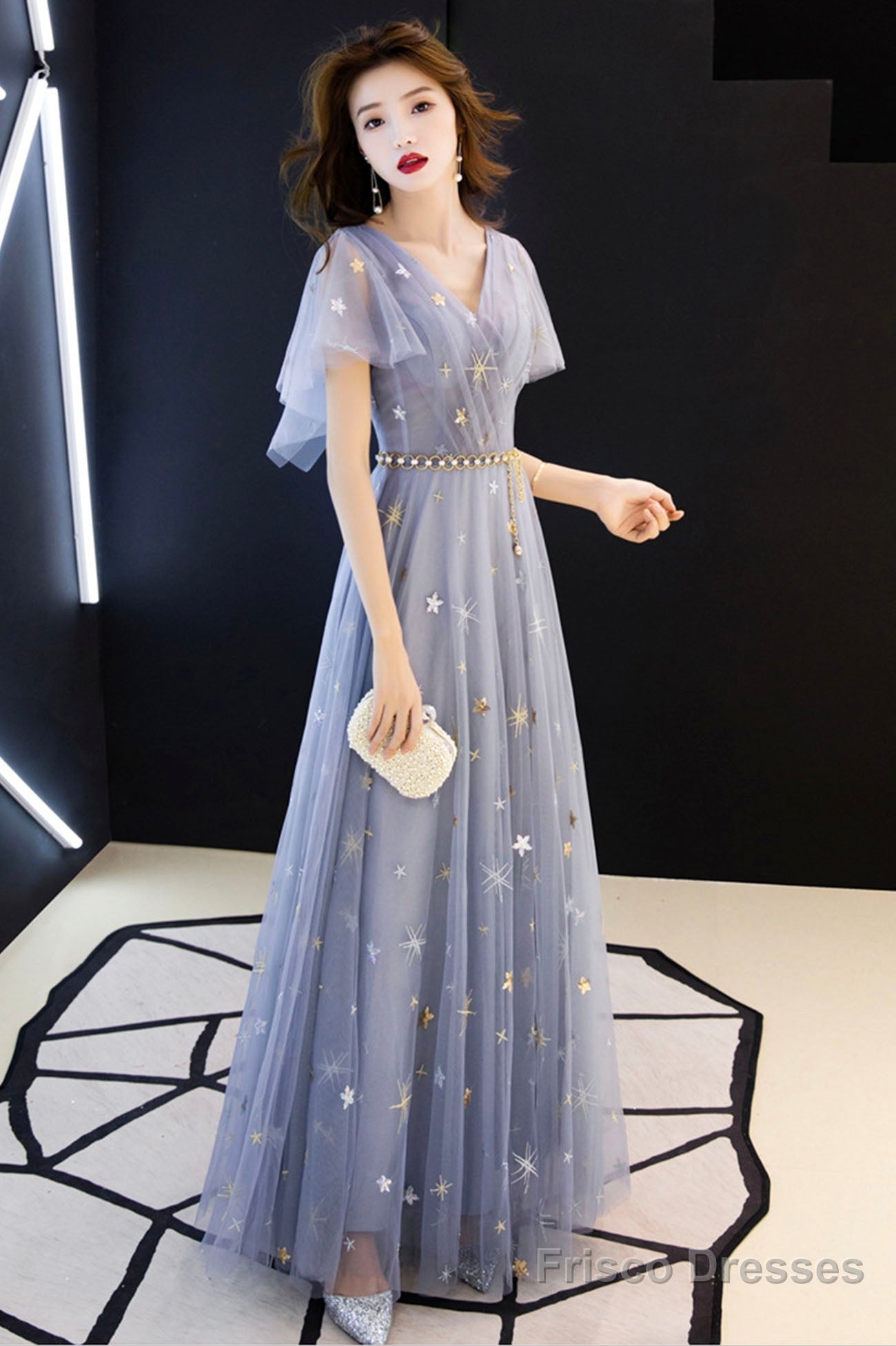 Blue Tulle Long A-Line Prom Dresses, V-Neck Evening Dresses