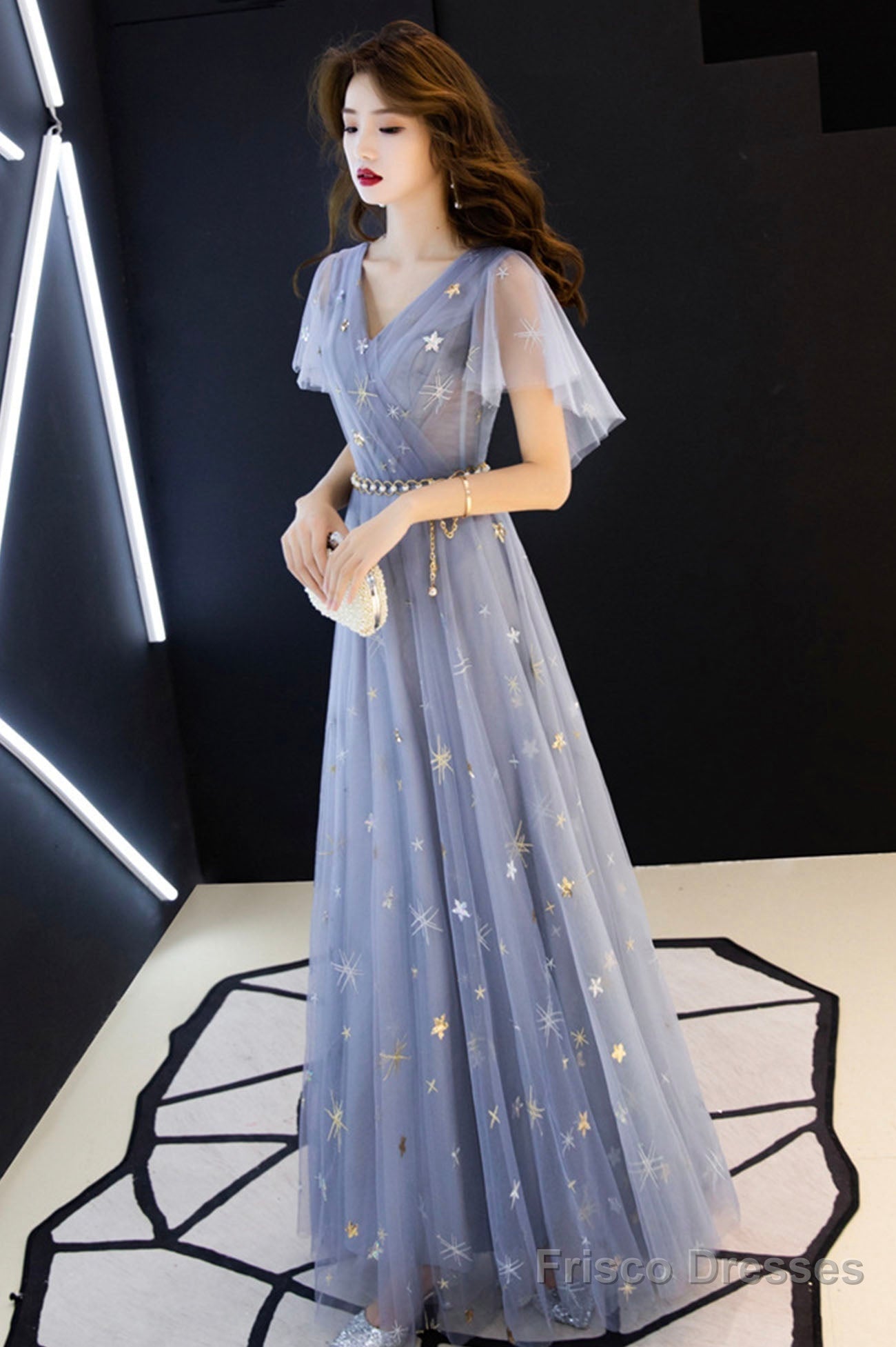 Blue Tulle Long A-Line Prom Dresses, V-Neck Evening Dresses Main image
