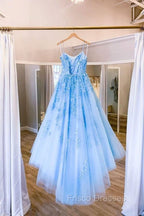Blue Tulle Long Backless A Line Formal Prom Dress Evening Dress
