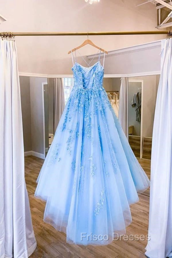 Blue Tulle Long Backless A Line Formal Prom Dress Evening Dress