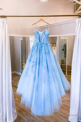 Blue Tulle Long Backless A Line Prom Dress Evening Dress