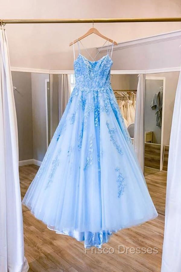 Blue Tulle Long Backless A Line Formal Prom Dress Evening Dress