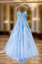 Blue Tulle Long Backless A Line Formal Prom Dress Evening Dress