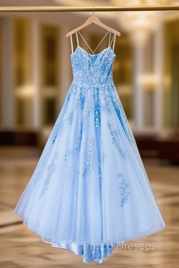 Blue Tulle Long Backless A Line Formal Prom Dress Evening Dress