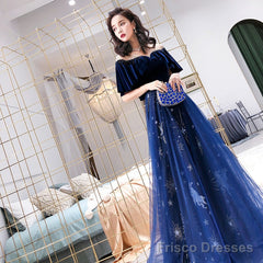 Blue Tulle Long Beaded  Party Dress, Blue Velvet Top Prom Dress Evening Gown