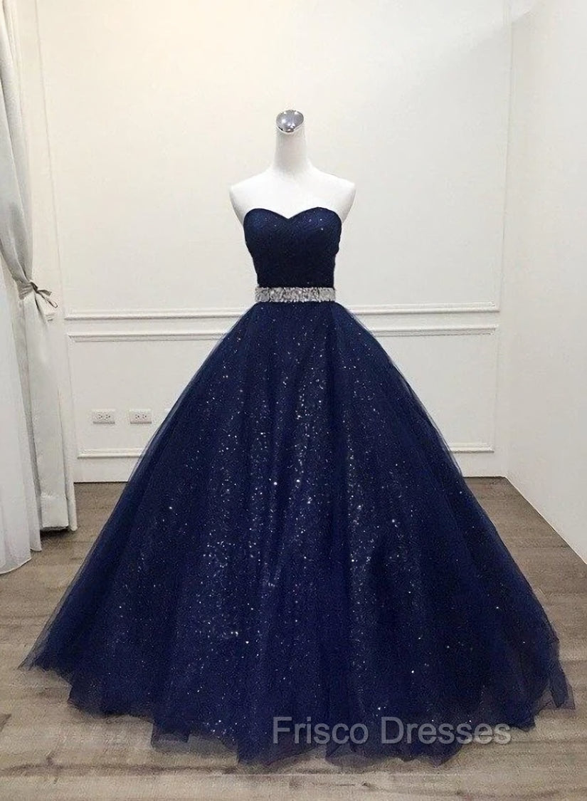 Blue Tulle Long Evening Gown Party Dress, Navy Blue Sweet 16 Gown