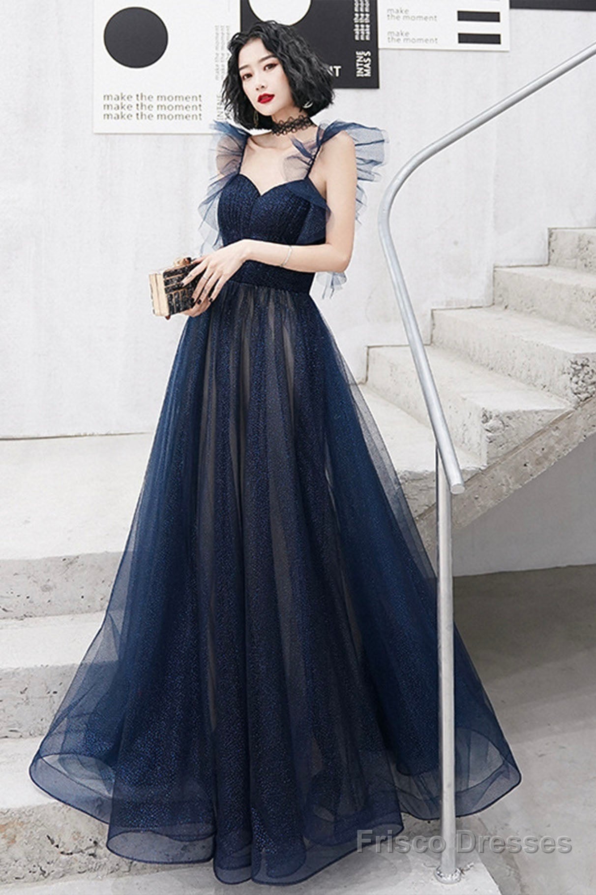 Blue Tulle Long Floor Length Prom Dress, A-Line Evening Dress Main image
