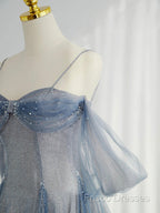 Blue Tulle Long Formal Prom Dress, A-Line Off The Shoulder Blue Formal Party Dress