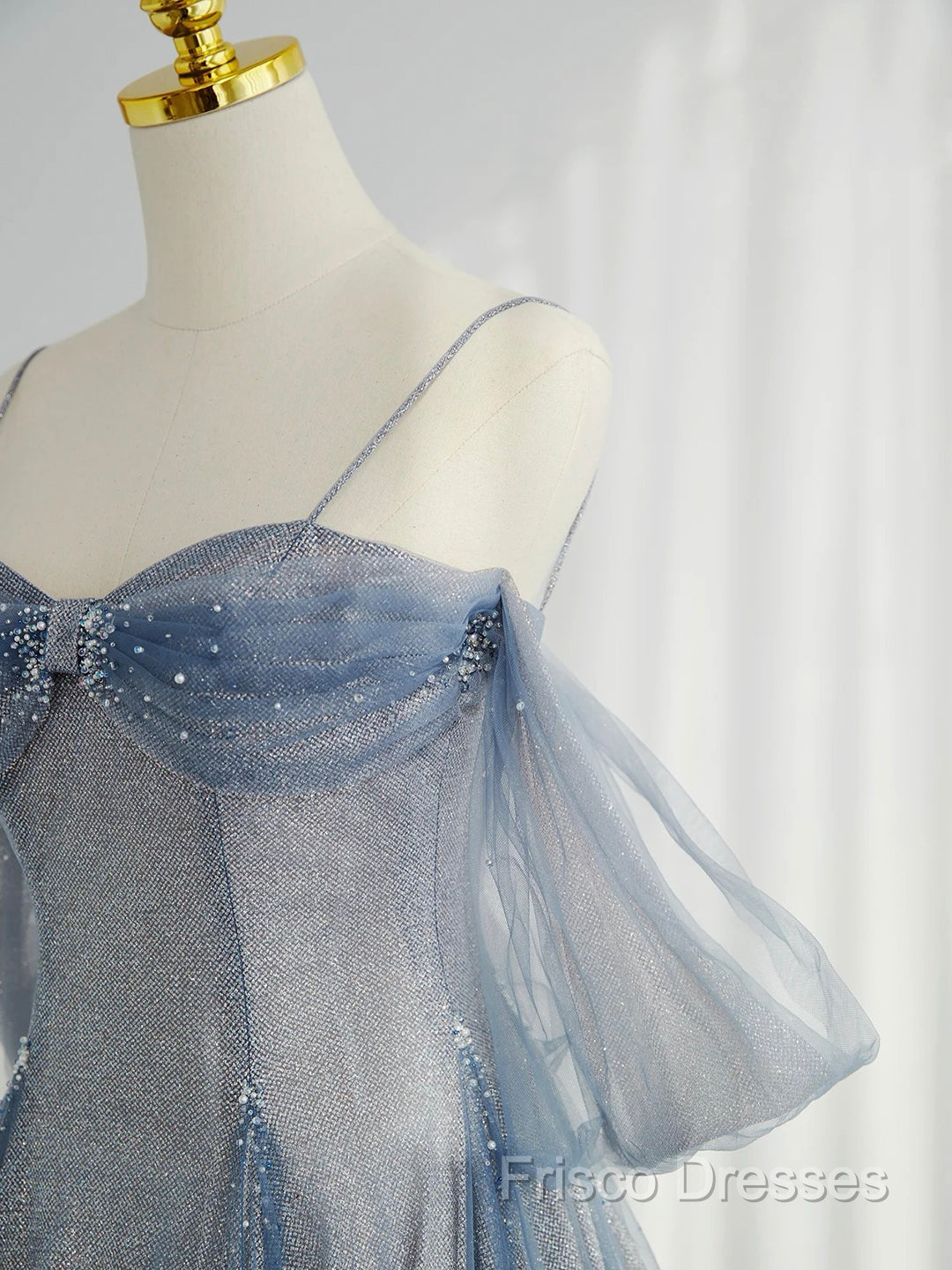 Blue Tulle Long Formal Prom Dress, A-Line Off The Shoulder Blue Formal Party Dress