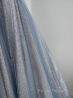 Blue Tulle Long Formal Prom Dress, A-Line Off The Shoulder Blue Formal Party Dress
