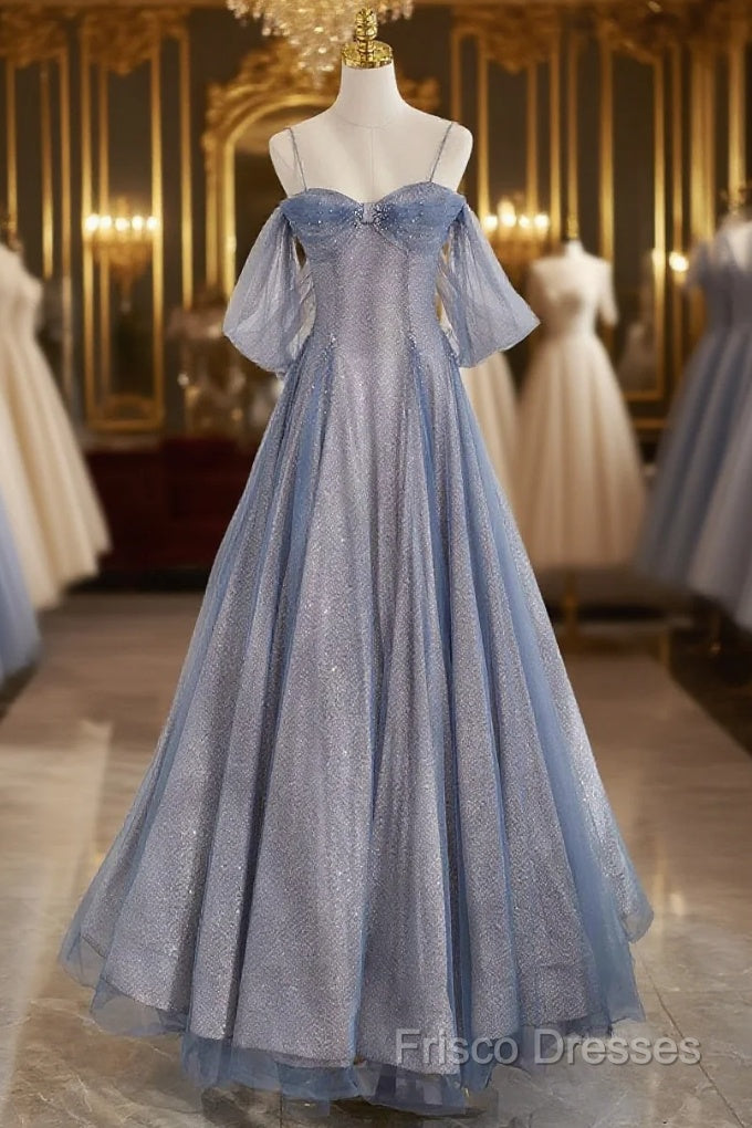Blue Tulle Long Formal Prom Dress, A-Line Off The Shoulder Blue Formal Party Dress Main image