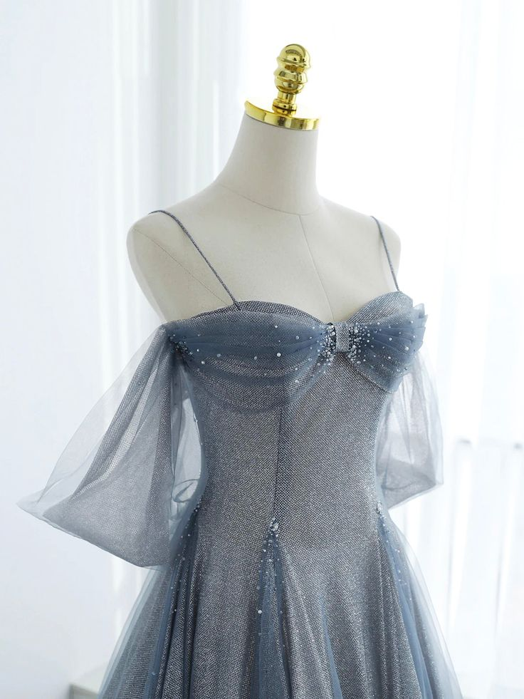 Blue Tulle Long Prom Dress A-Line Off The Shoulder Evening Party Dress Secondary image