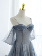 Blue Tulle Long Prom Dress A-Line Off The Shoulder Evening Party Dress