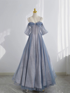 Blue Tulle Long Prom Dress A-Line Off The Shoulder Evening Party Dress