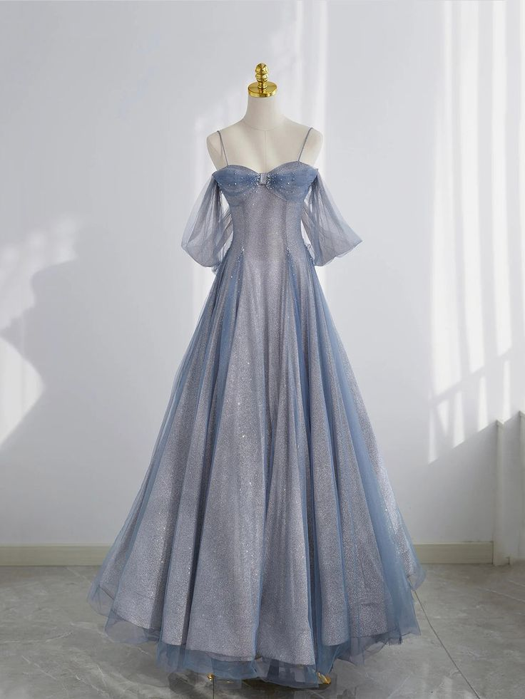 Blue Tulle Long Prom Dress A-Line Off The Shoulder Evening Party Dress